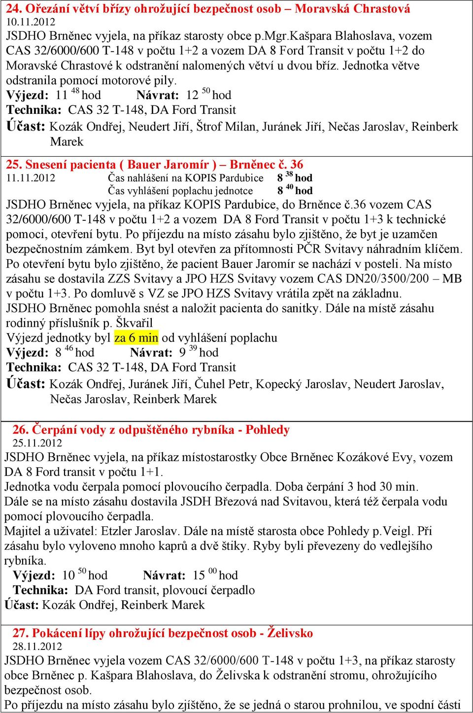 Jednotka větve odstranila pomocí motorové pily. Výjezd: 11 48 hod Návrat: 12 50 hod Účast: Kozák Ondřej, Neudert Jiří, Štrof Milan, Juránek Jiří, Nečas Jaroslav, Reinberk Marek 25.