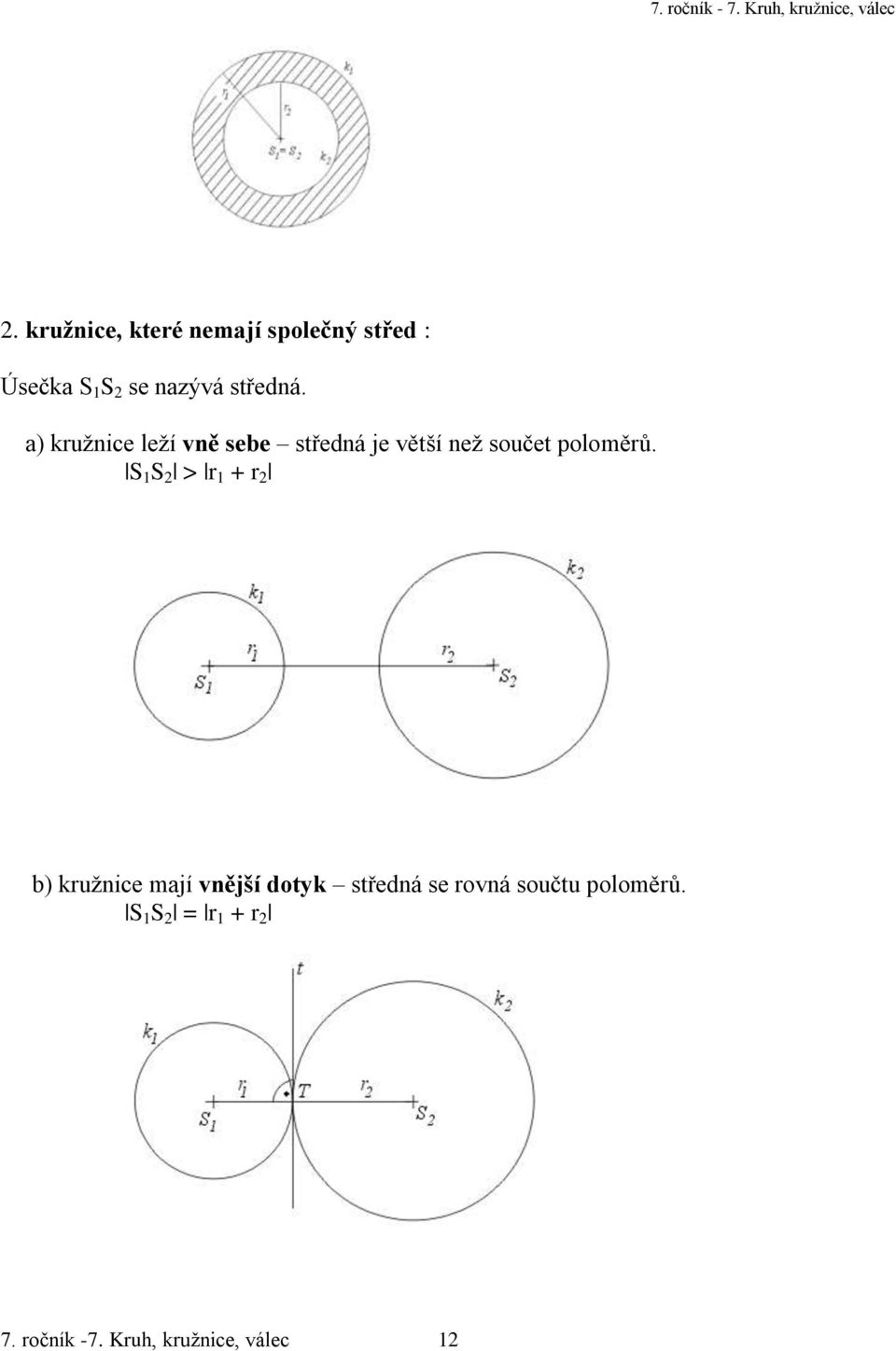 a) kružnice leží vně sebe středná je větší než součet poloměrů.