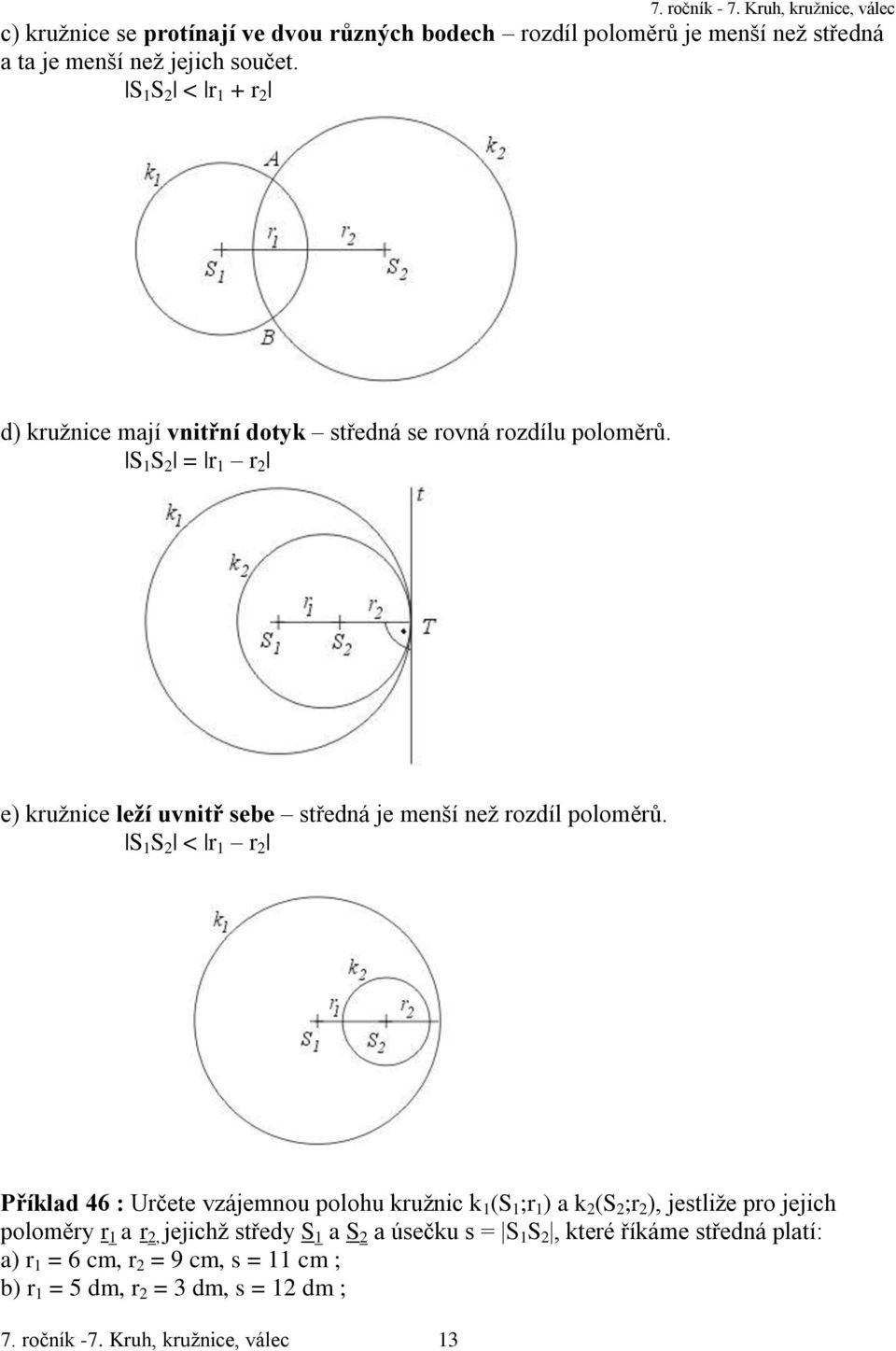 S 1 S 2 = r 1 r 2 e) kružnice leží uvnitř sebe středná je menší než rozdíl poloměrů.