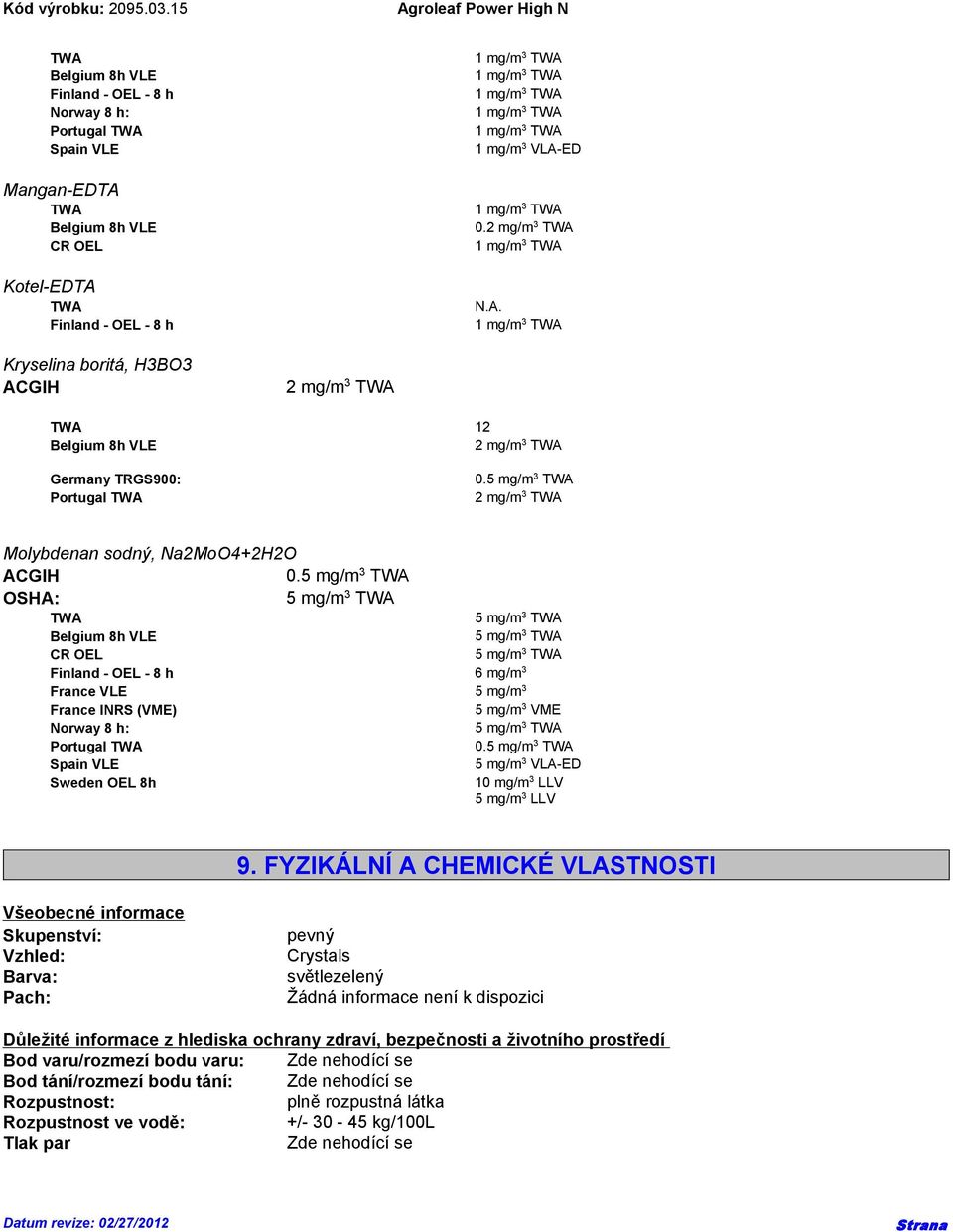 Spain VLE 5 mg/m 3 VLA-ED Sweden OEL 8h 10 mg/m 3 LLV 5 mg/m 3 LLV 9.