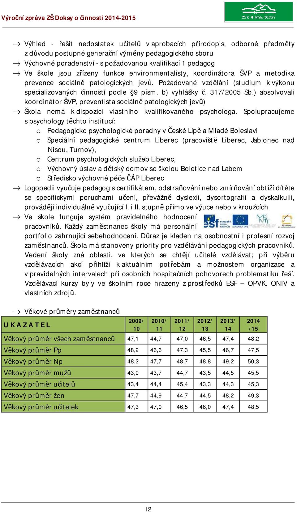 317/2005 Sb.) absolvovali koordinátor ŠVP, preventista sociálně patologických jevů) Škola nemá k dispozici vlastního kvalifikovaného psychologa.