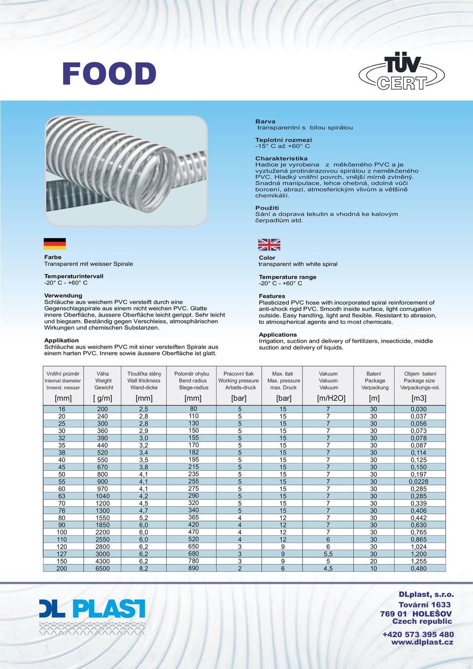 Transparent mit weisser Spirale - C - +0 C Schläuche aus weichem PVC versteift durch eine Gegenschlagspirale aus einem nicht weichen PVC. Glatte innere Oberfläche, äussere Oberfläche leicht gerippt.