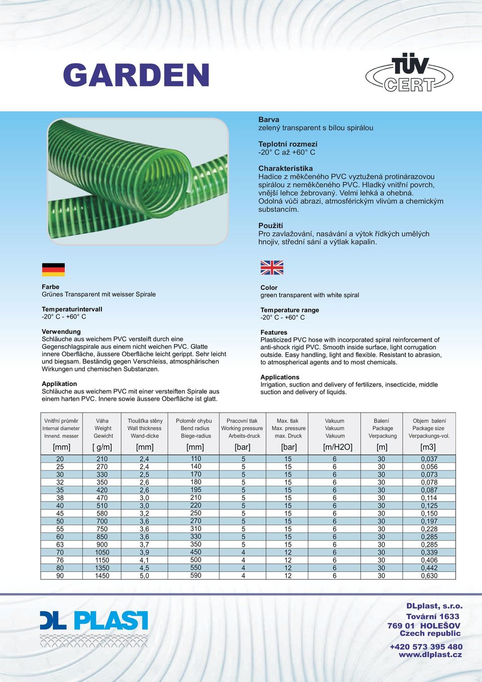Grünes Transparent mit weisser Spirale - C - +0 C Schläuche aus weichem PVC versteift durch eine Gegenschlagspirale aus einem nicht weichen PVC.