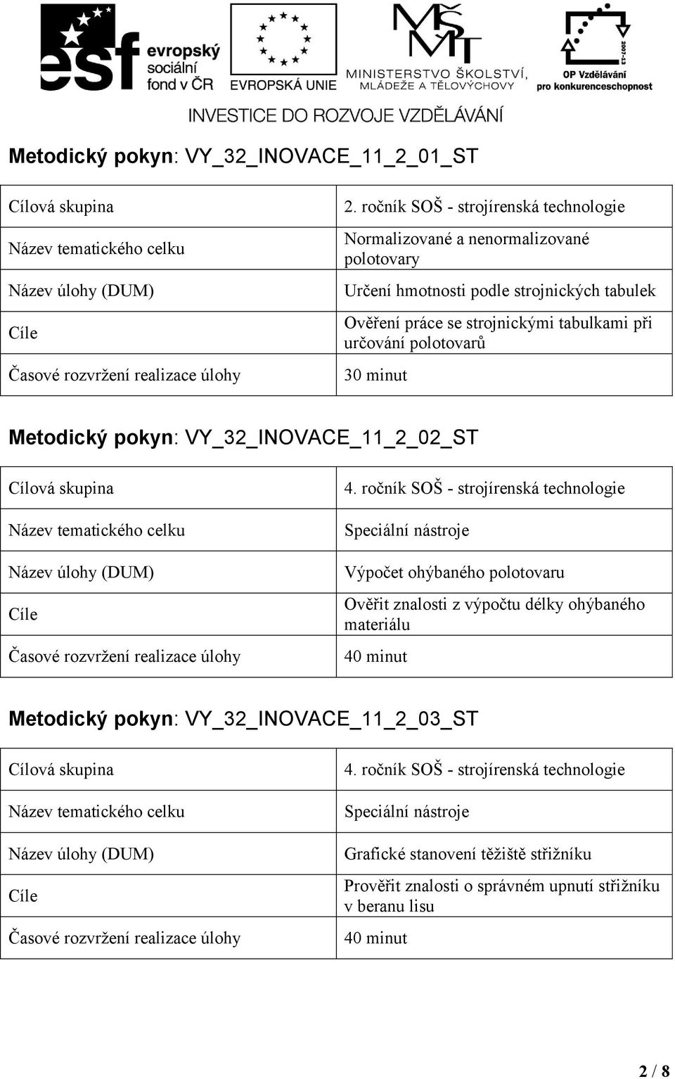 tabulkami při určování polotovarů 30 minut Metodický pokyn: VY_32_INOVACE_11_2_02_ST 4.