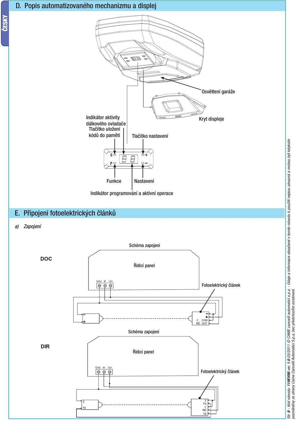 Indikátor programování a aktivní operace Schéma zapojení Řídicí panel Schéma zapojení Řídicí panel Kryt displeje Fotoelektrický článek C COM NC OUT Fotoelektrický