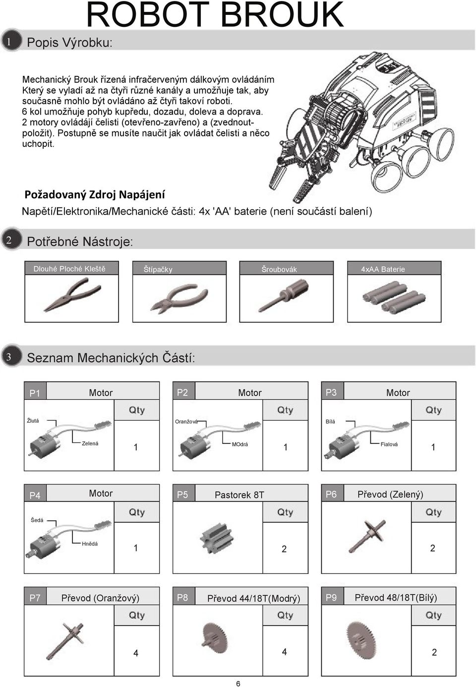 Požadovaný Zdroj Napájení Napětí/Elektronika/Mechanické části: 4x 'AA' baterie (není součástí balení) 2 Potřebné Nástroje: Dlouhé Ploché Kleště Štípačky Šroubovák 4xAA Baterie 3 Seznam