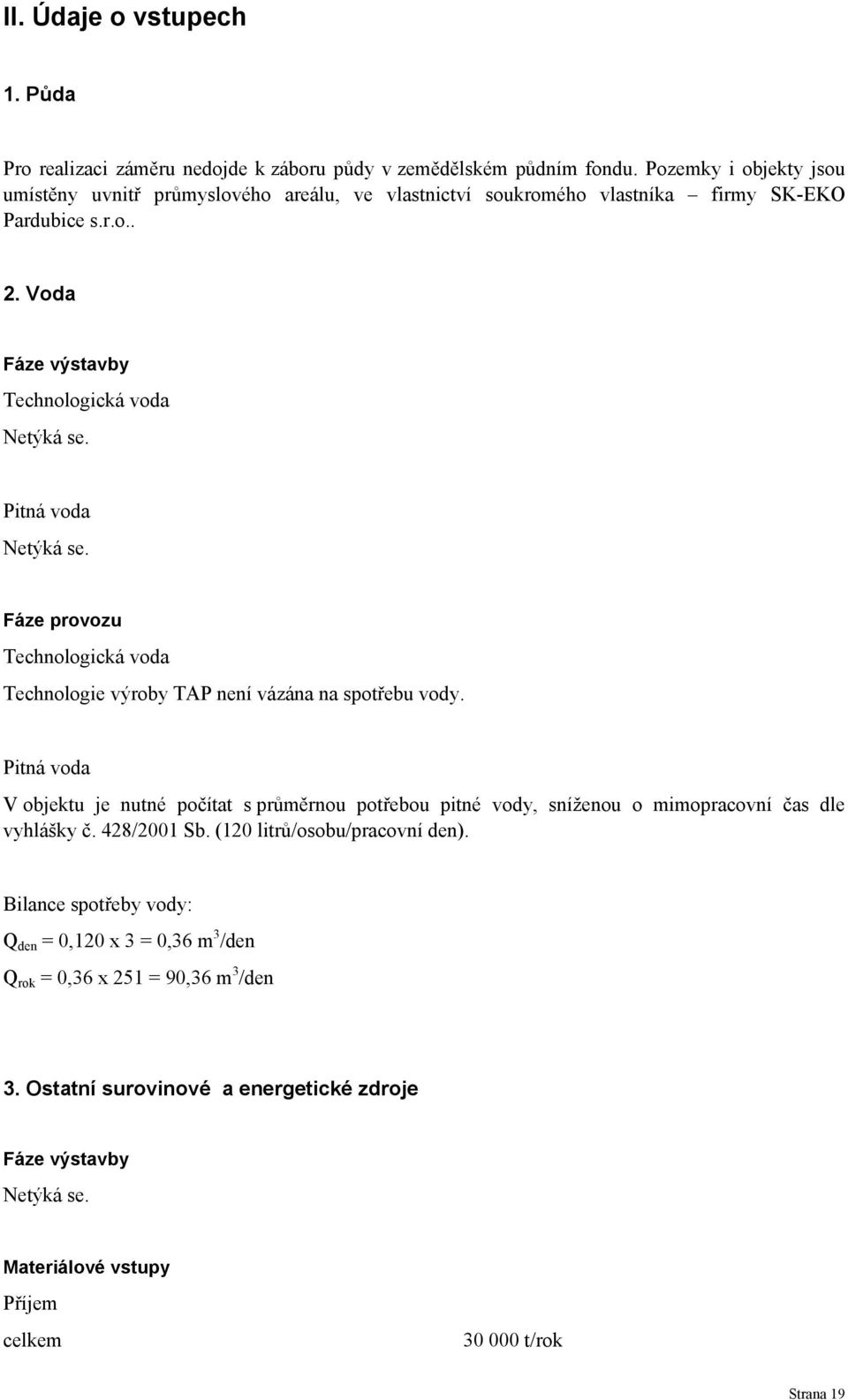 Pitná voda Netýká se. Fáze provozu Technologická voda Technologie výroby TAP není vázána na spotřebu vody.