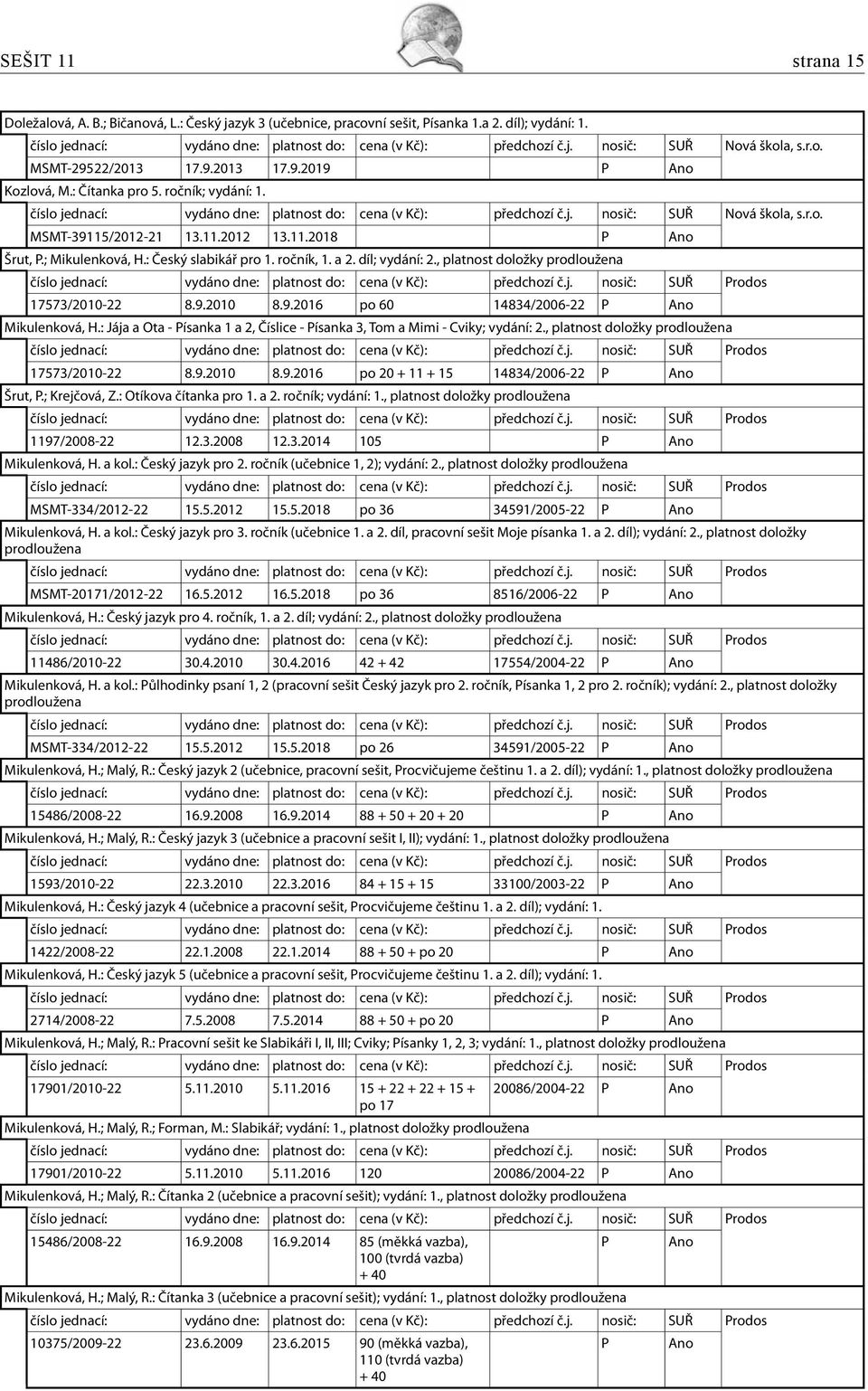 : Jája a Ota - Písanka 1 a 2, Číslice - Písanka 3, Tom a Mimi - Cviky; vydání: 2., platnost doložky 17573/2010-22 8.9.2010 8.9.2016 po 20 + 11 + 15 14834/2006-22 P Ano Šrut, P.; Krejčová, Z.