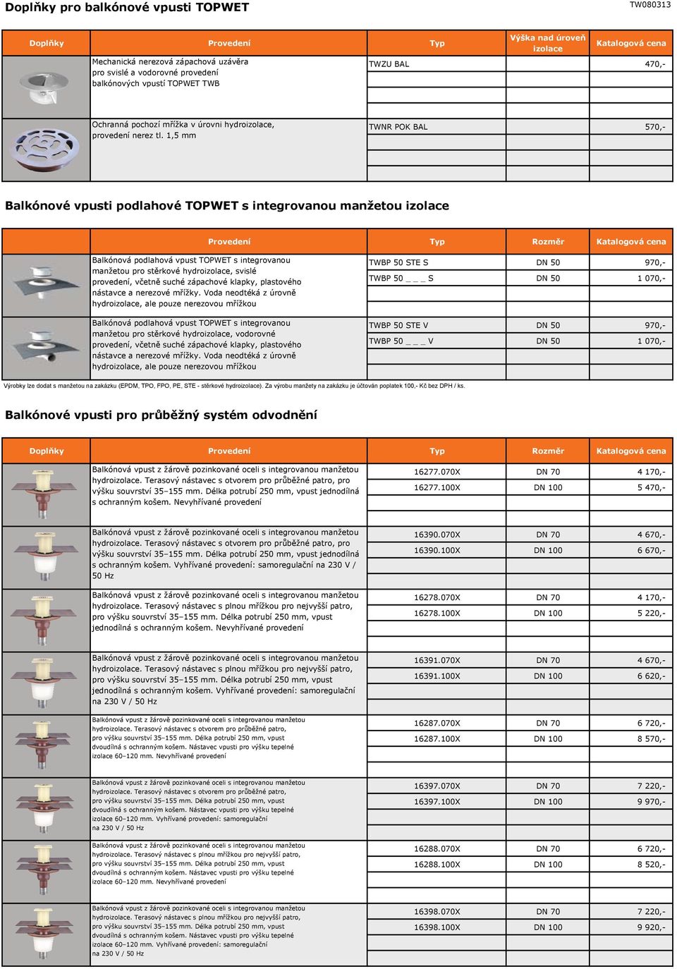 1,5 mm TWNR POK BAL 570,- Balkónové vpusti podlahové TOPWET s integrovanou manžetou izolace Provedení Typ Rozm r Balkónová podlahová vpust TOPWET s integrovanou manžetou pro st rkové hydroizolace,