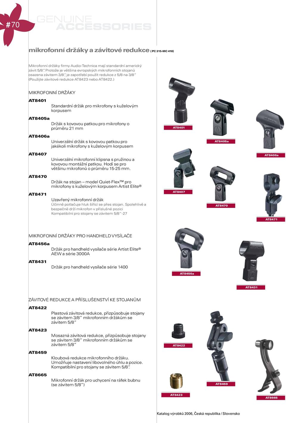 ) MIKRFNNÍ DRŽÁKY AT8401 Standardní držák pro mikrofony s kuželovým korpusem AT8405a Držák s kovovou patkou pro mikrofony o průměru 21 mm AT8401 AT8406a Univerzální držák s kovovou patkou pro