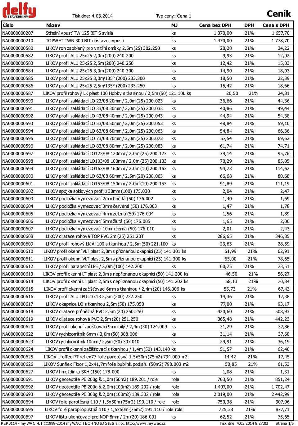 470,00 21% 1 778,70 NA0000000580 LIKOV roh zaoblený pro vnitřní omítky 2,5m (25) 302.250 ks 28,28 21% 34,22 NA0000000582 LIKOV profil ALU 25x25 2,0m (200) 240.