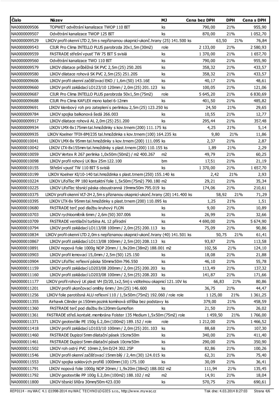 500 ks 63,50 21% 76,84 NA0000009543 CIUR Pro Clima INTELLO PLUS parobrzda 20x1,5m (30m2) role 2 133,00 21% 2 580,93 NA0000009559 FASTRADE střešní vpusť TW 75 BIT S svislá ks 1 370,00 21% 1 657,70