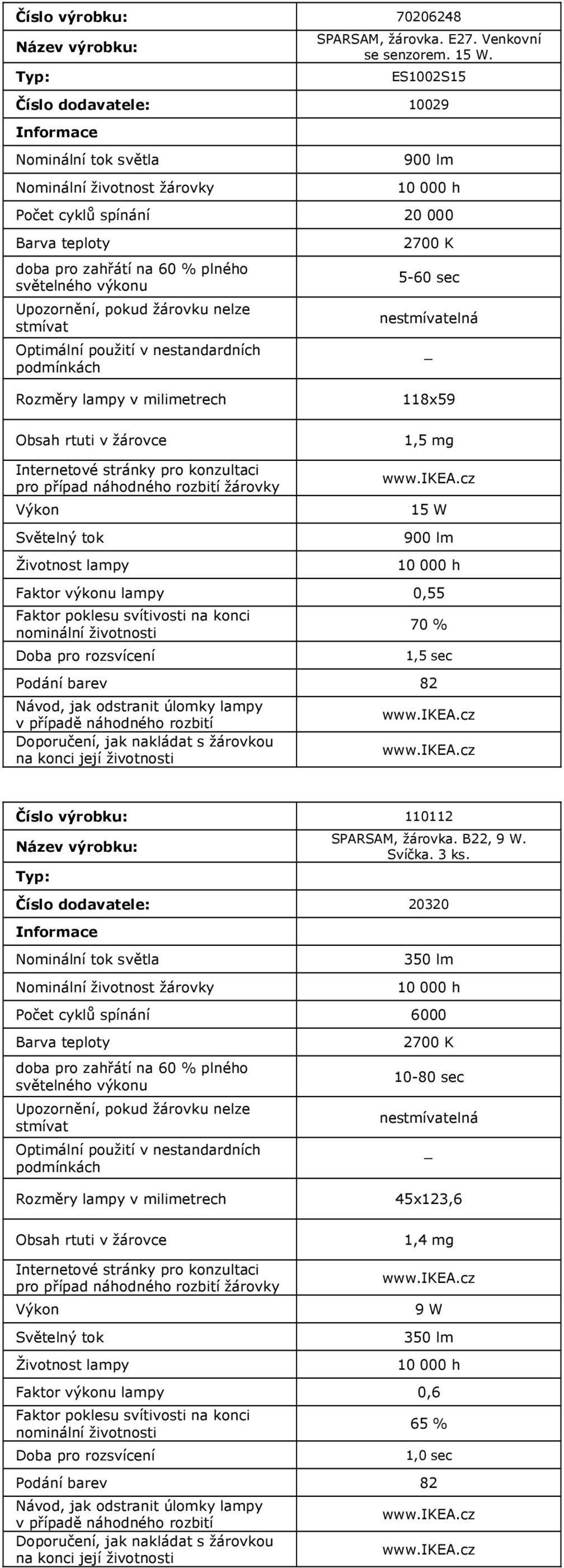 výrobku: 110112 SPARSAM, žárovka. B22, 9 W. Svíčka. 3 ks.