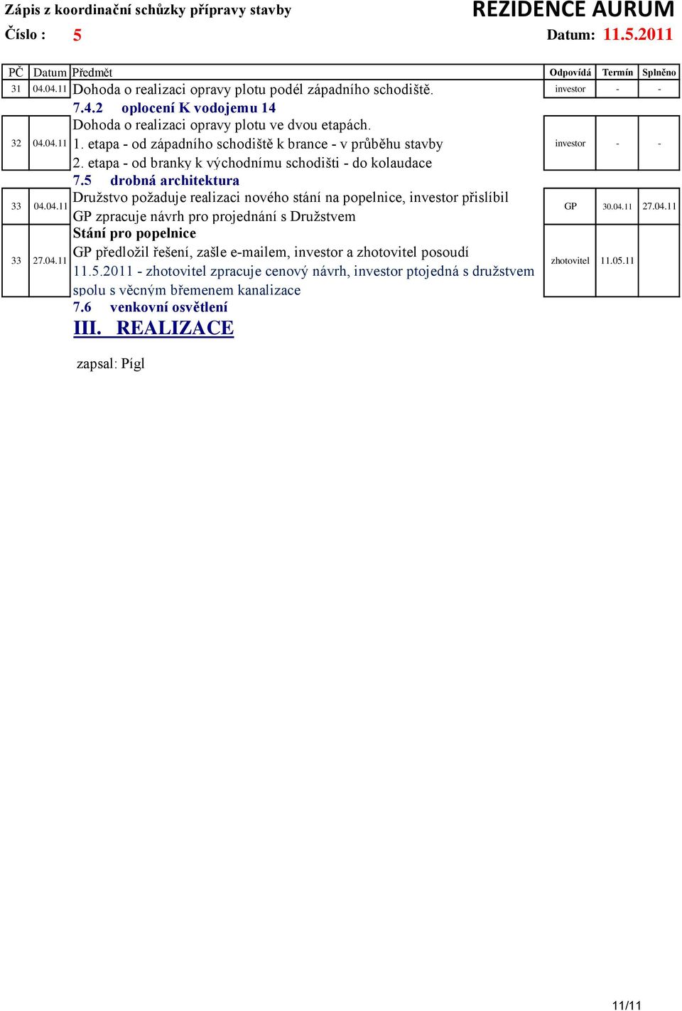 04.11 GP zpracuje návrh pro projednání s Družstvem Stání pro popelnice 33 GP předložil řešení, zašle e-mailem, investor a zhotovitel posoudí 27.04.11 11.5.