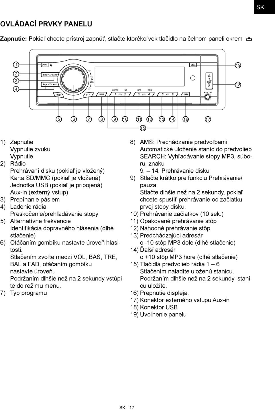 Identifikácia dopravného hlásenia (dlhé stlačenie) 6) Otáčaním gombíku nastavte úroveň hlasitosti. Stlačením zvoľte medzi VOL, BAS, TRE, BAL a FAD, otáčaním gombíku nastavte úroveň.