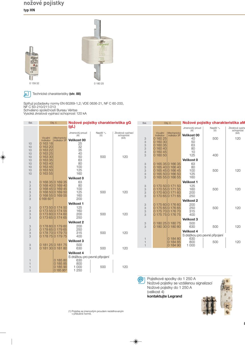 Nožové pojistky charakteristika gg (gl) Jmenovitý proud Napětí ± Zkratová vypínací (A) (V) schopnost Vizuální Mechanický (ka) Indikátor indikátor 3P Velikost 00 10 0 163 18 25 10 0 163 20 32 10 0 163
