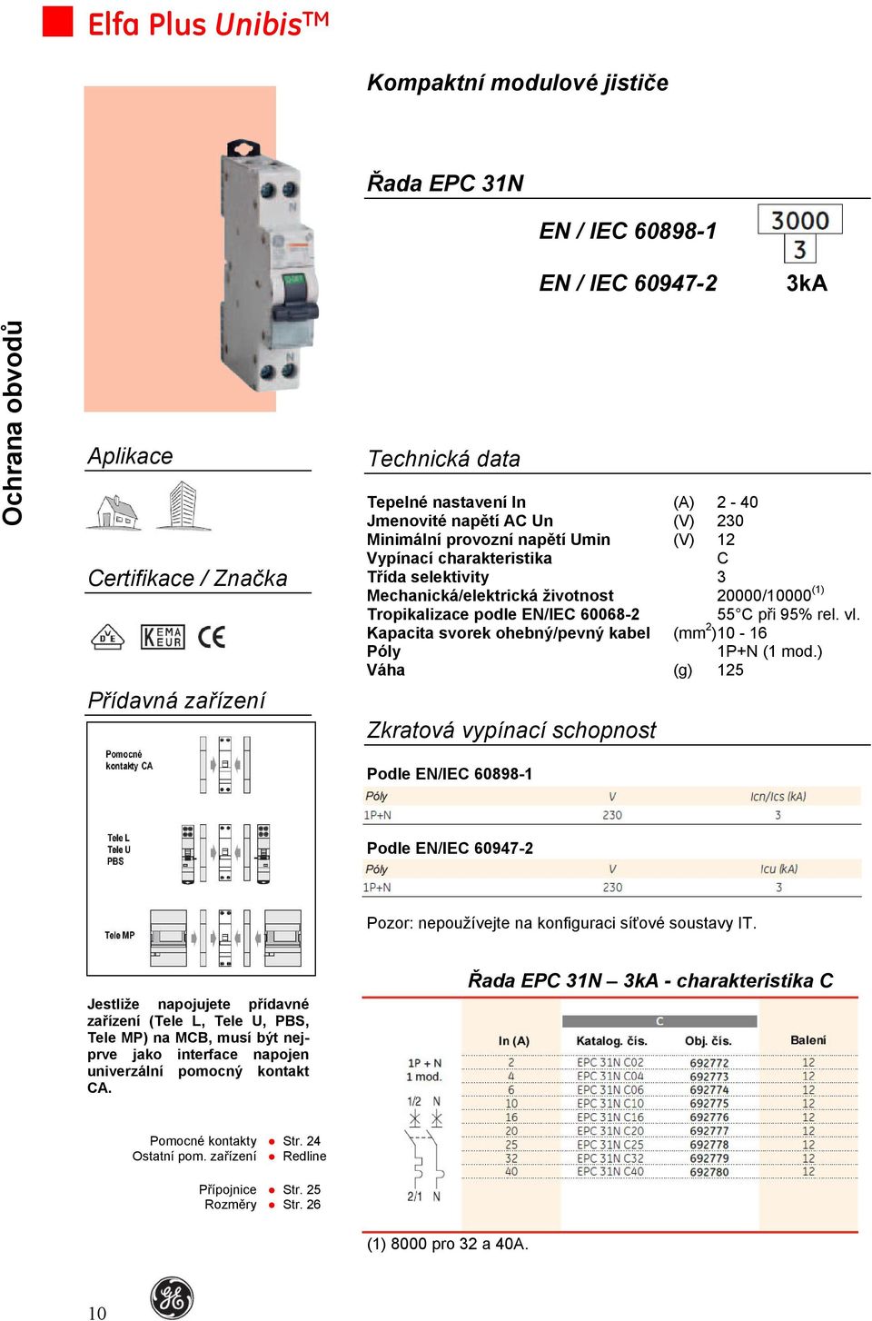 95% rel. vl. Kapacita svorek ohebný/pevný kabel (mm 2 ) 10-16 Póly 1P+N (1 mod.