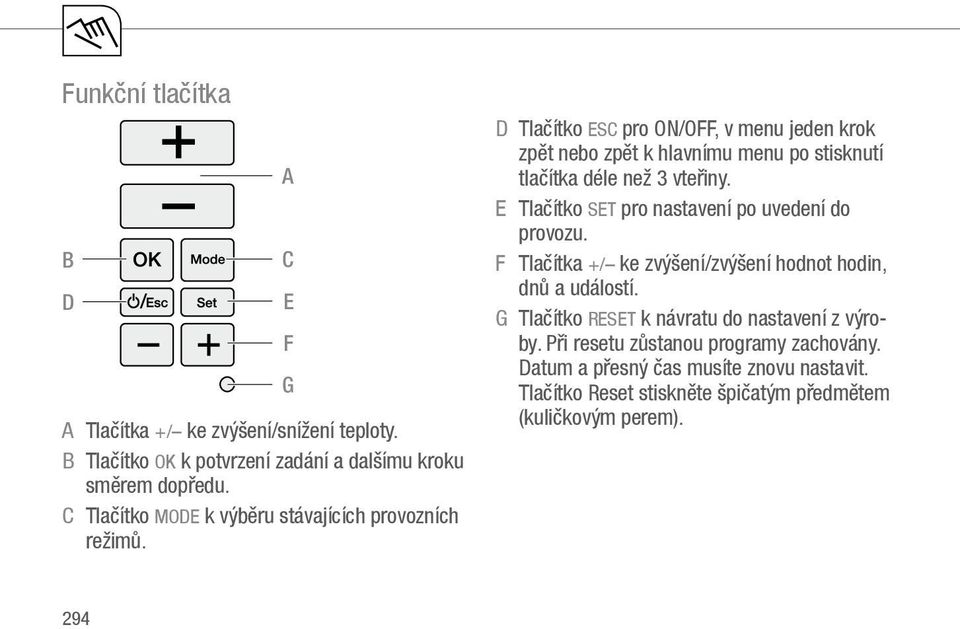 A C E F G D Tlačítko ESC pro ON/OFF, v menu jeden krok zpět nebo zpět k hlavnímu menu po stisknutí tlačítka déle než 3 vteřiny.