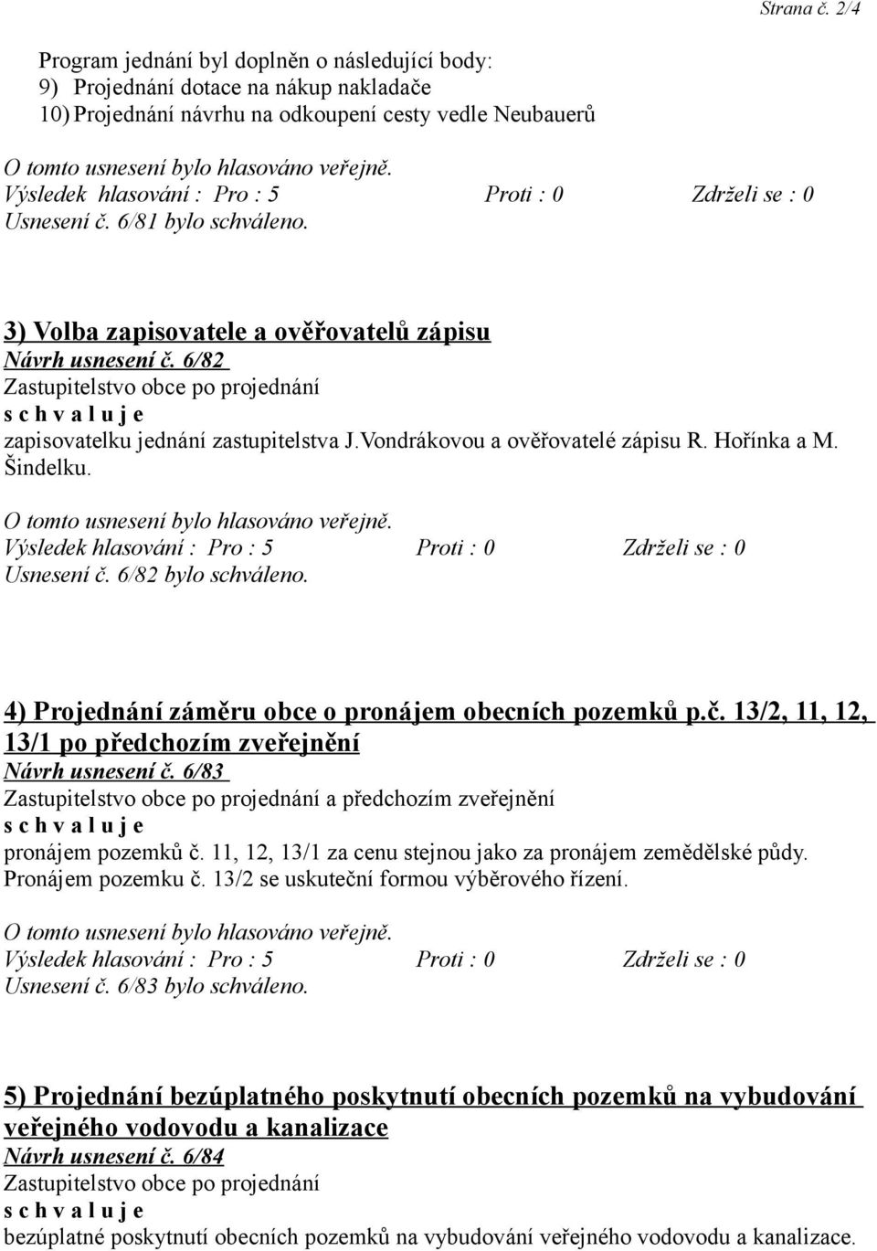 4) Projednání záměru obce o pronájem obecních pozemků p.č. 13/2, 11, 12, 13/1 po předchozím zveřejnění Návrh usnesení č. 6/83 a předchozím zveřejnění pronájem pozemků č.