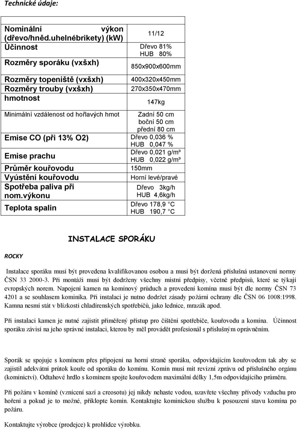 400x320x450mm 270x350x470mm 147kg Zadní 50 cm boční 50 cm přední 80 cm Emise CO (při 13% O2) Dřevo 0,036 % Emise prachu Průměr kouřovodu Vyústění kouřovodu Spotřeba paliva při nom.