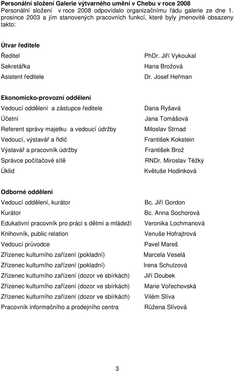 Josef Heřman Ekonomicko-provozní oddělení Vedoucí oddělení a zástupce ředitele Účetní Referent správy majetku a vedoucí údržby Vedoucí, výstavář a řidič Výstavář a pracovník údržby Správce počítačové