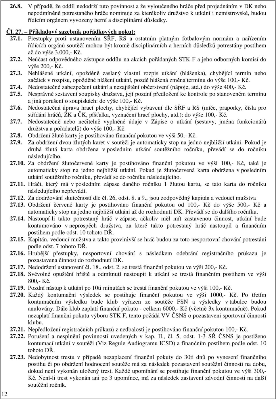 orgánem vyvozeny herní a disciplinární důsledky. Čl. 27. Příkladový sazebník pořádkových pokut: 27.1.