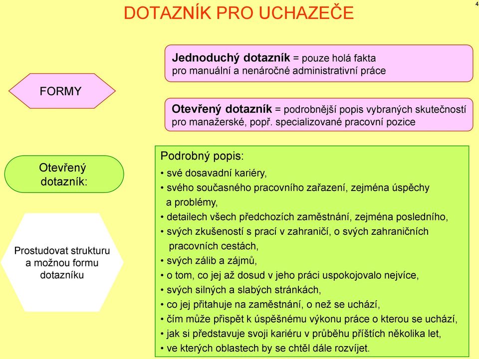 problémy, detailech všech předchozích zaměstnání, zejména posledního, svých zkušeností s prací v zahraničí, o svých zahraničních pracovních cestách, svých zálib a zájmů, o tom, co jej aţ dosud v jeho