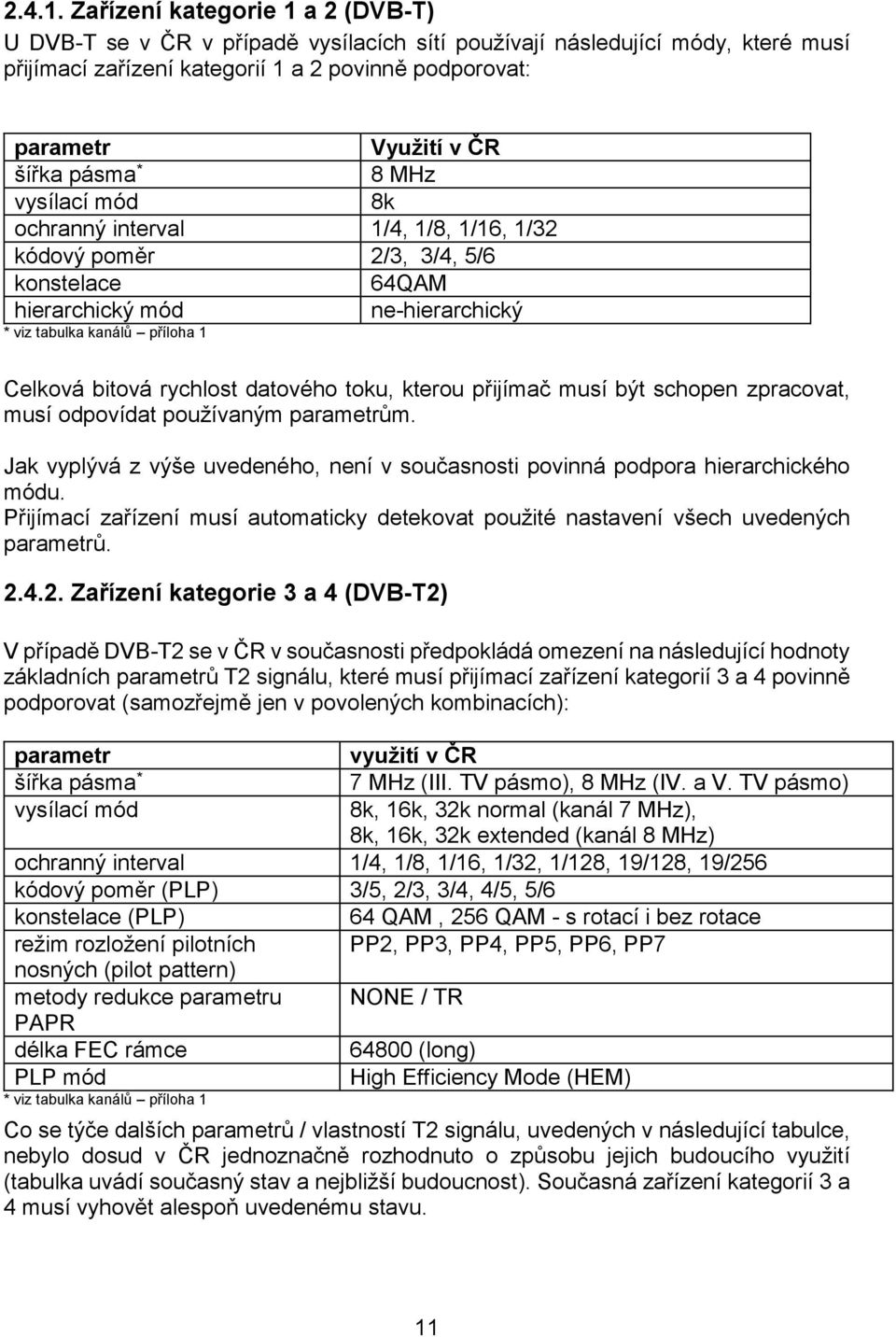 pásma * 8 MHz vysílací mód 8k ochranný interval 1/4, 1/8, 1/16, 1/32 kódový poměr 2/3, 3/4, 5/6 konstelace 64QAM hierarchický mód ne-hierarchický * viz tabulka kanálů příloha 1 Celková bitová