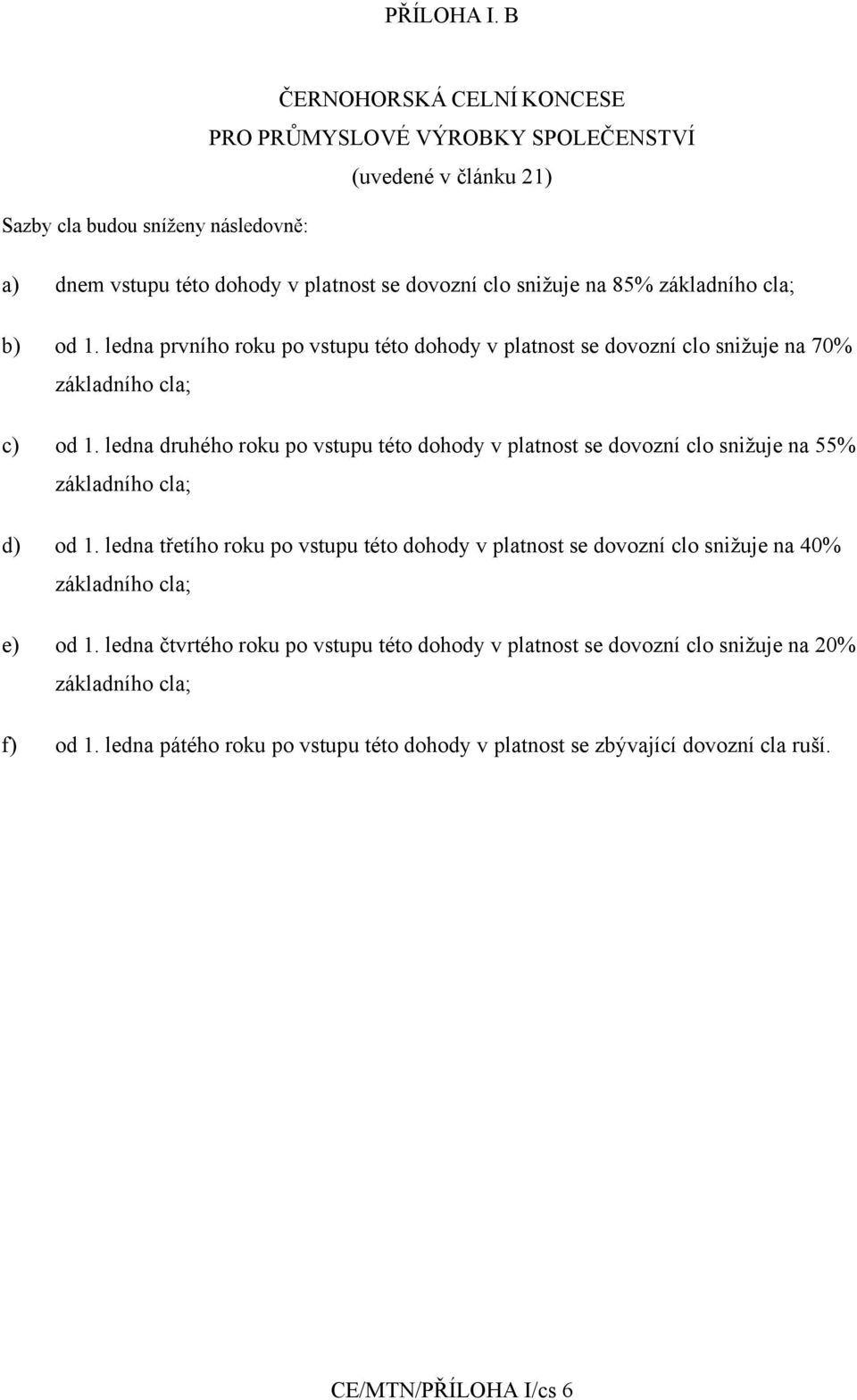 základního cla; b) od 1. ledna prvního roku po vstupu této dohody v platnost se dovozní clo snižuje na 70% základního cla; c) od 1.