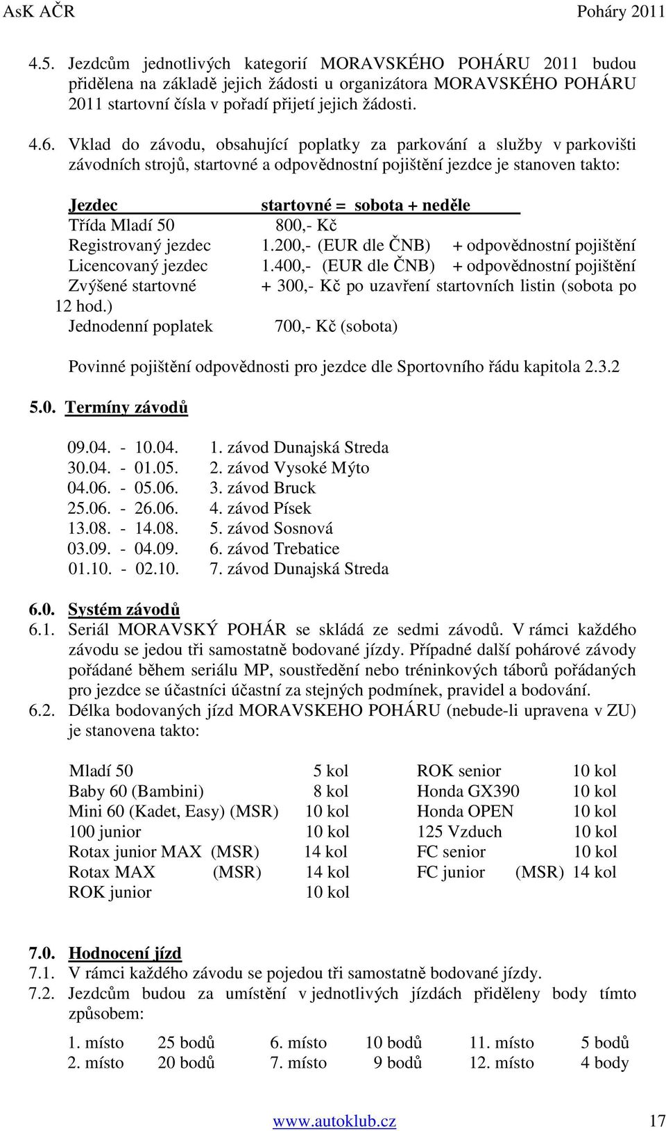 50 800,- Kč Registrovaný jezdec 1.200,- (EUR dle ČNB) + odpovědnostní pojištění Licencovaný jezdec 1.