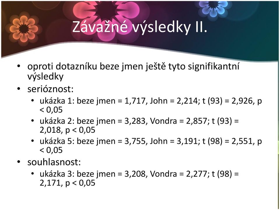 1,717, John = 2,214; t (93) = 2,926, p < 0,05 ukázka 2: beze jmen = 3,283, Vondra = 2,857; t