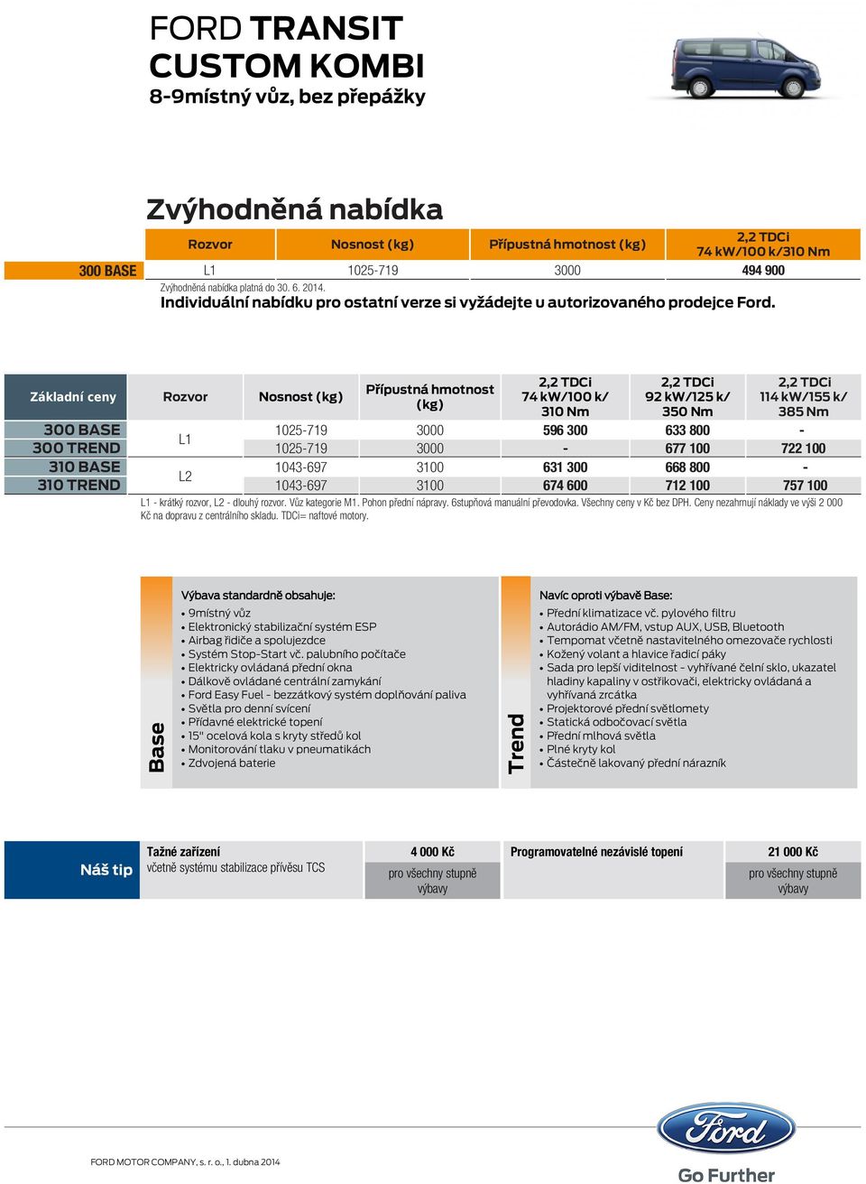 Přípustná hmotnost Základní ceny Rozvor Nosnost (kg) 74 kw/100 k/ 92 kw/125 k/ 114 kw/155 k/ (kg) 310 Nm 350 Nm 385 Nm 300 BASE 1025-719 3000 596 300 633 800 - L1 300 TREND 1025-719 3000-677 100 722