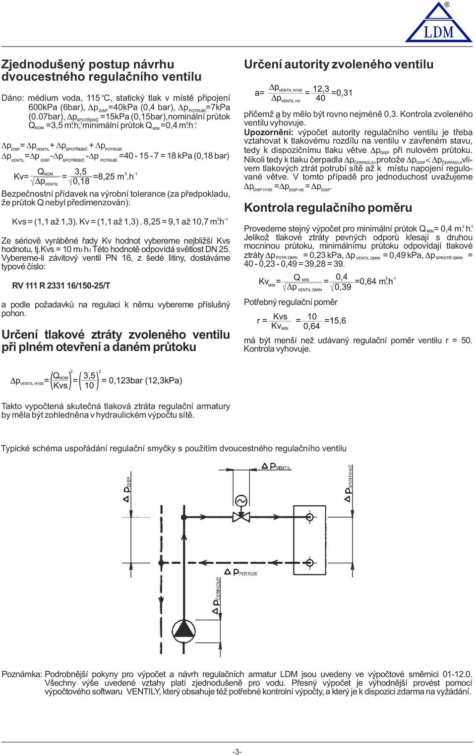 minimální průtk Q =0,4 m.h. Dp = Dp + Dp + Dp Dp =Dp -Dp -Dp =40-15 - 7 = 18 kpa (0,18 bar) Bezpečnstní přídavek na výrbní tlerance (za předpkladu, že průtk Q nebyl předimenzván): Kvs = (1,1 až 1,3).