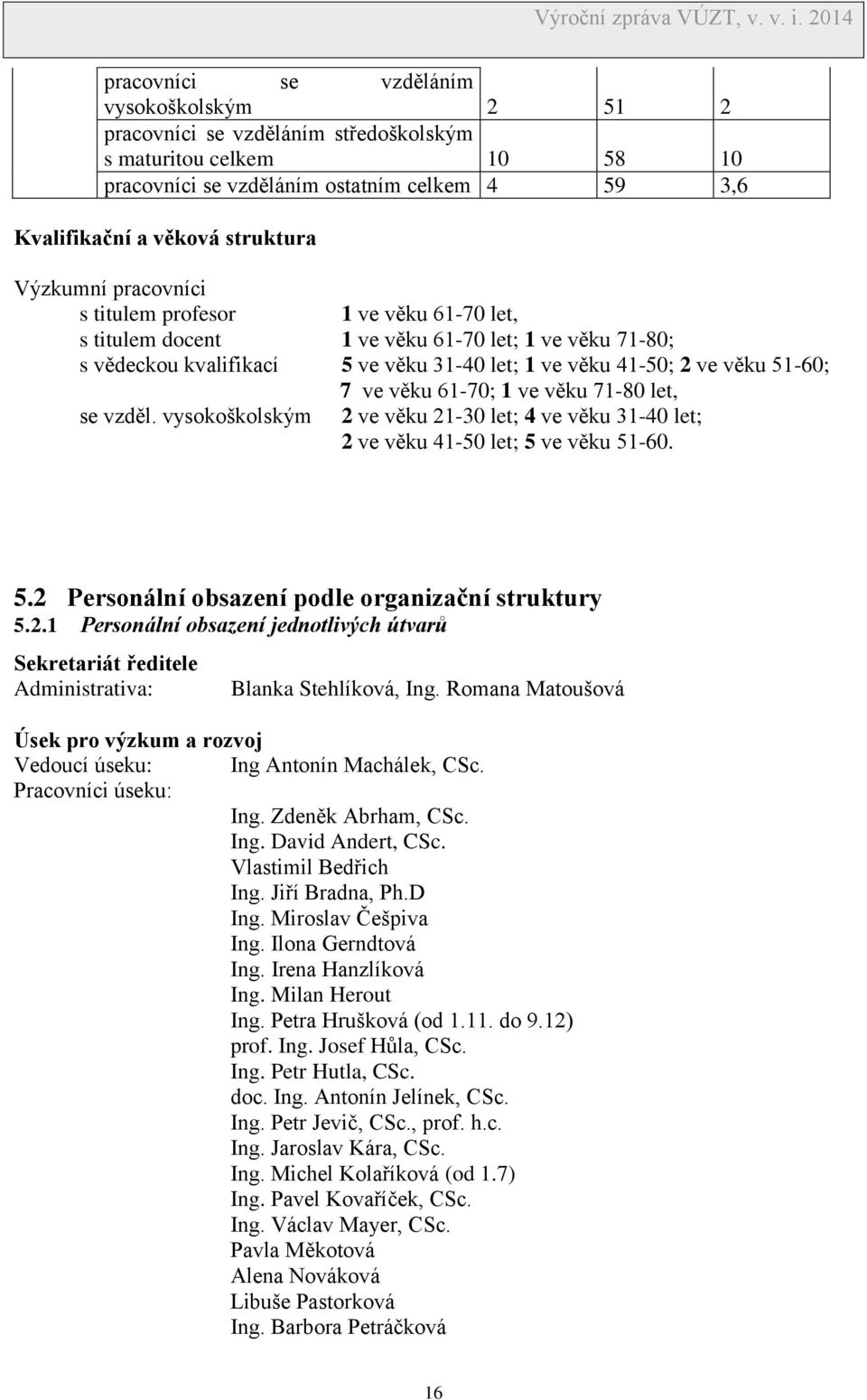 věku 61-70; 1 ve věku 71-80 let, se vzděl. vysokoškolským 2 ve věku 21-30 let; 4 ve věku 31-40 let; 2 ve věku 41-50 let; 5 ve věku 51-60. 5.2 Personální obsazení podle organizační struktury 5.2.1 Personální obsazení jednotlivých útvarů Sekretariát ředitele Administrativa: Blanka Stehlíková, Ing.