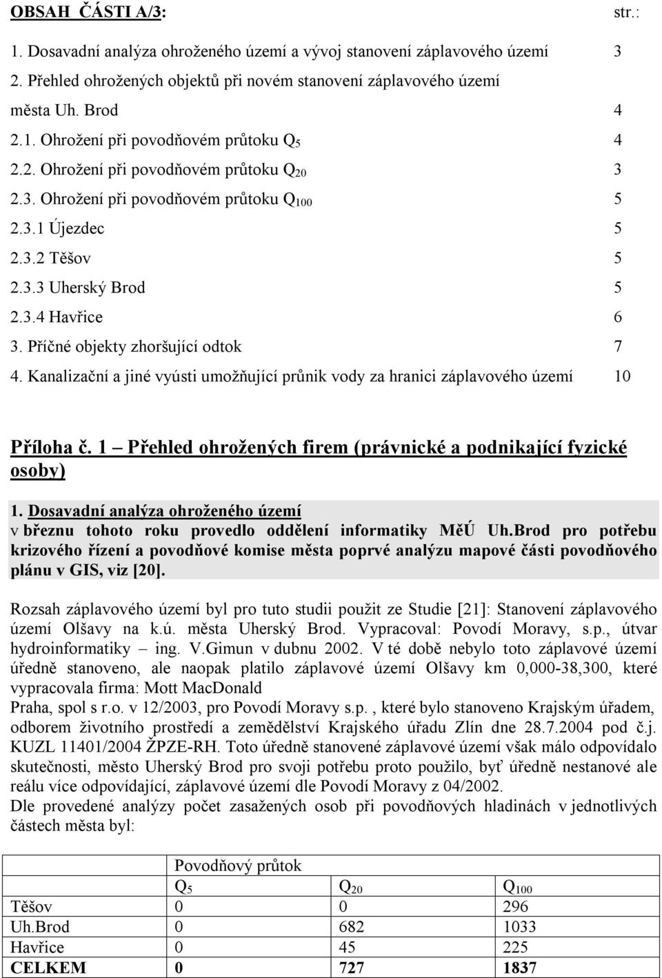 Kanalizační a jiné vyústi umožňující průnik vody za hranici záplavového území 10 Příloha č. 1 Přehled ohrožených firem (právnické a podnikající fyzické osoby) 1.