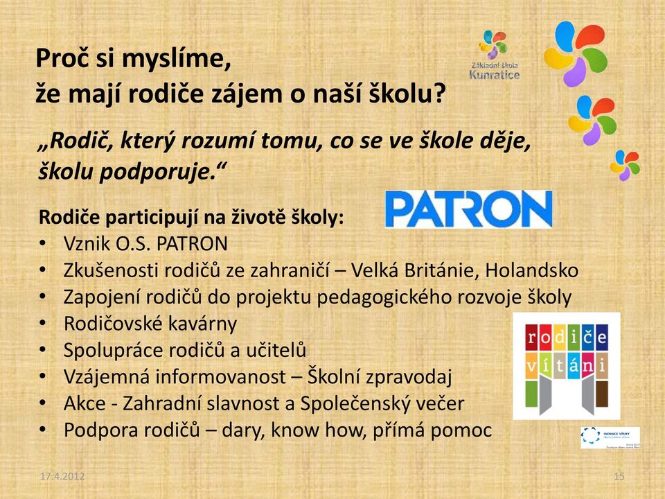 PATRON Zkušenosti rodičů ze zahraničí Velká Británie, Holandsko Zapojení rodičů do projektu pedagogického rozvoje