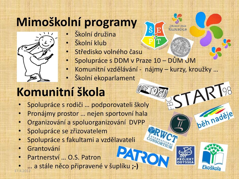 podporovateli školy Pronájmy prostor nejen sportovní hala Organizování a spoluorganizování DVPP Spolupráce se