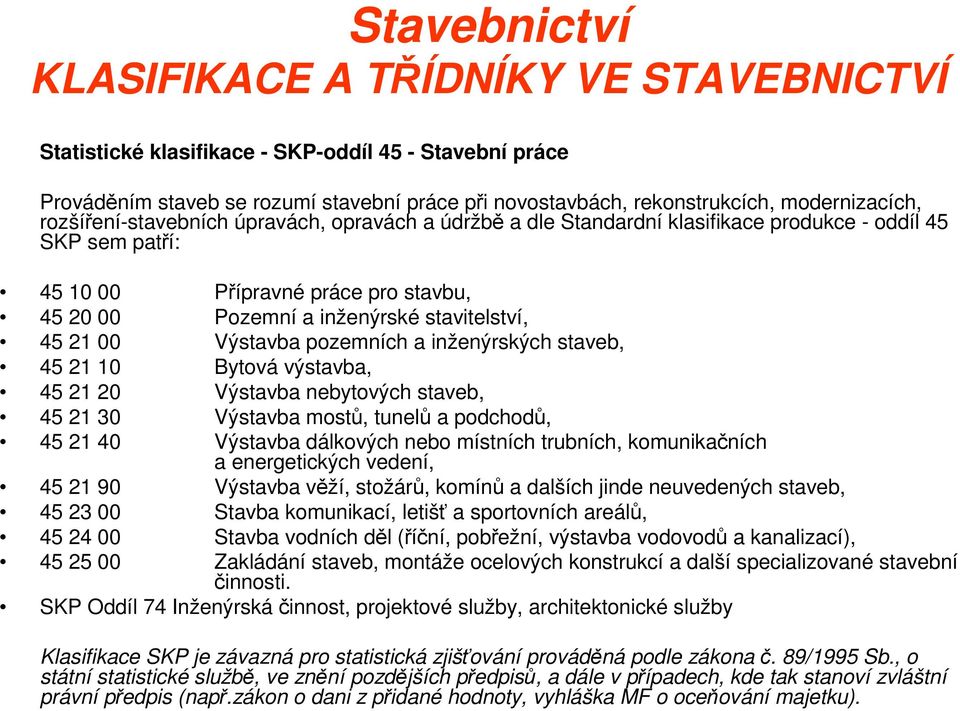00 Výstavba pozemních a inženýrských staveb, 45 21 10 Bytová výstavba, 45 21 20 Výstavba nebytových staveb, 45 21 30 Výstavba mostů, tunelů a podchodů, 45 21 40 Výstavba dálkových nebo místních
