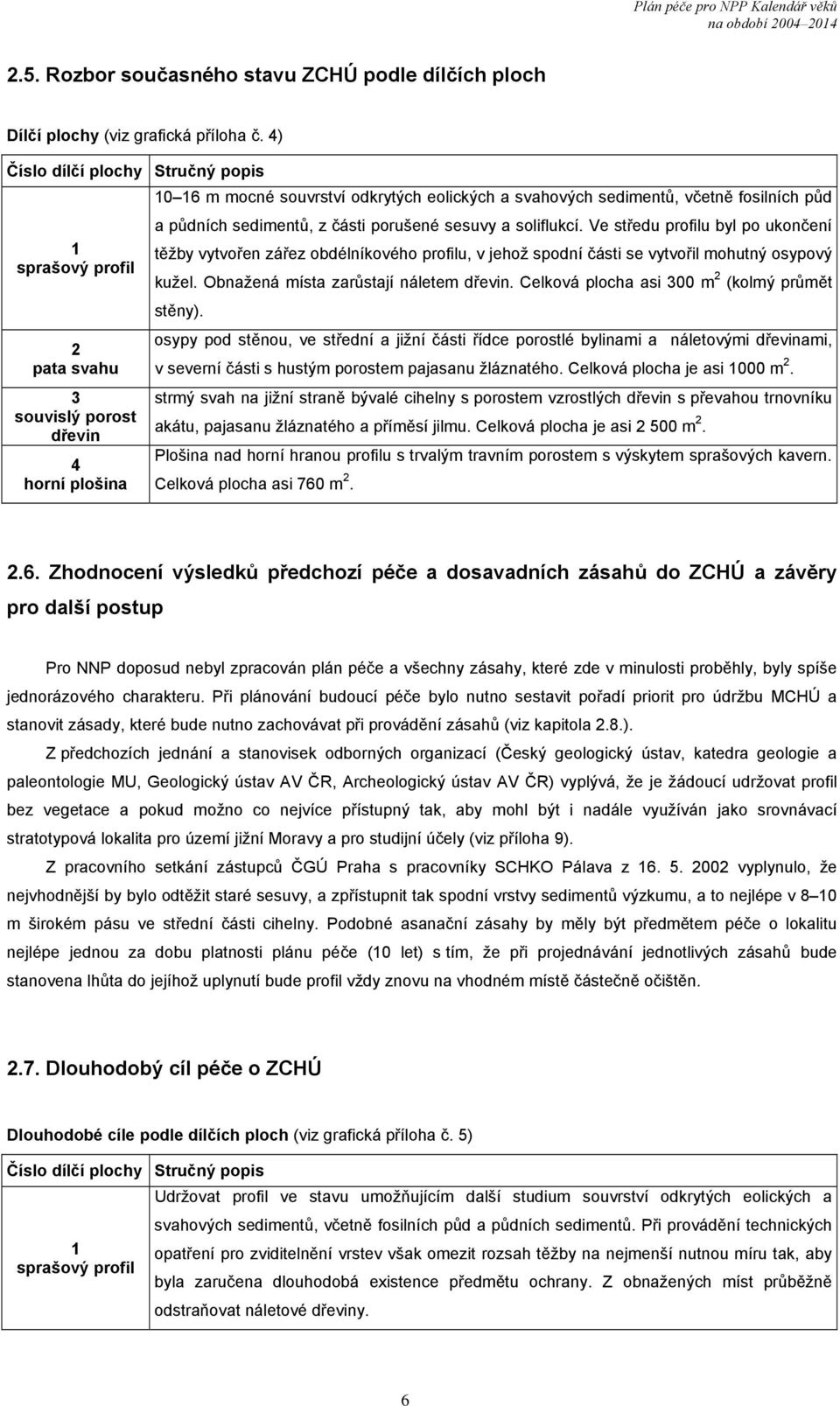 Ve středu profilu byl po ukončení 1 těžby vytvořen zářez obdélníkového profilu, v jehož spodní části se vytvořil mohutný osypový sprašový profil kužel. Obnažená místa zarůstají náletem dřevin.