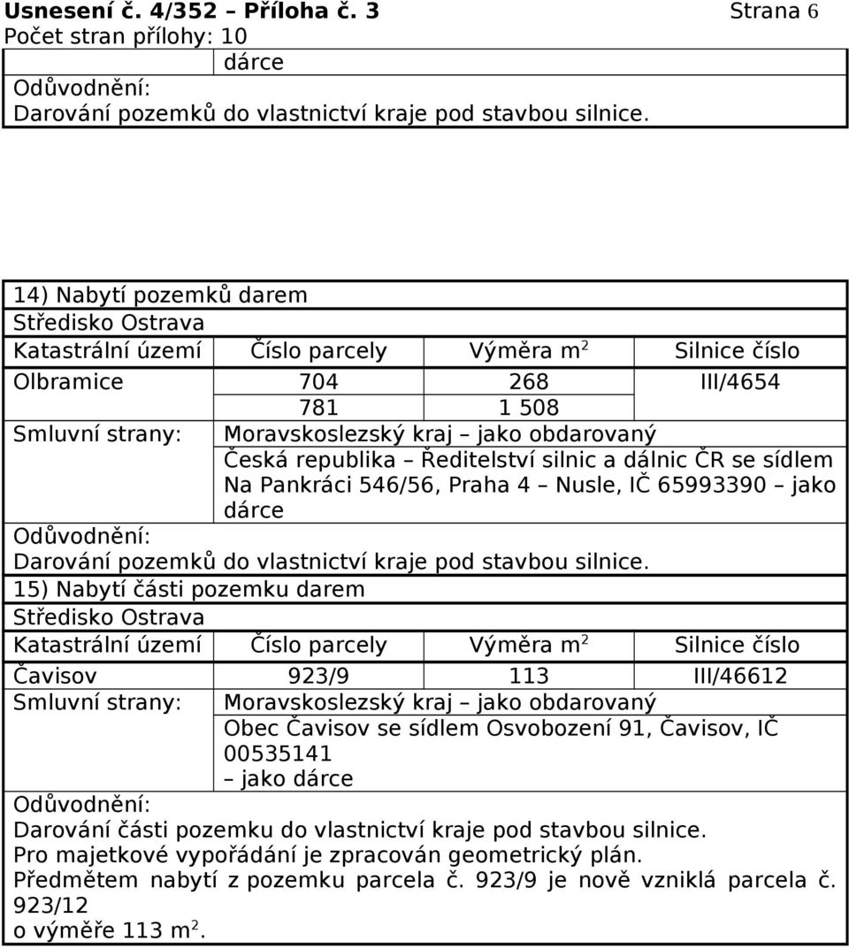 části pozemku darem Středisko Ostrava Čavisov 923/9 113 III/46612 Obec Čavisov se sídlem Osvobození 91,