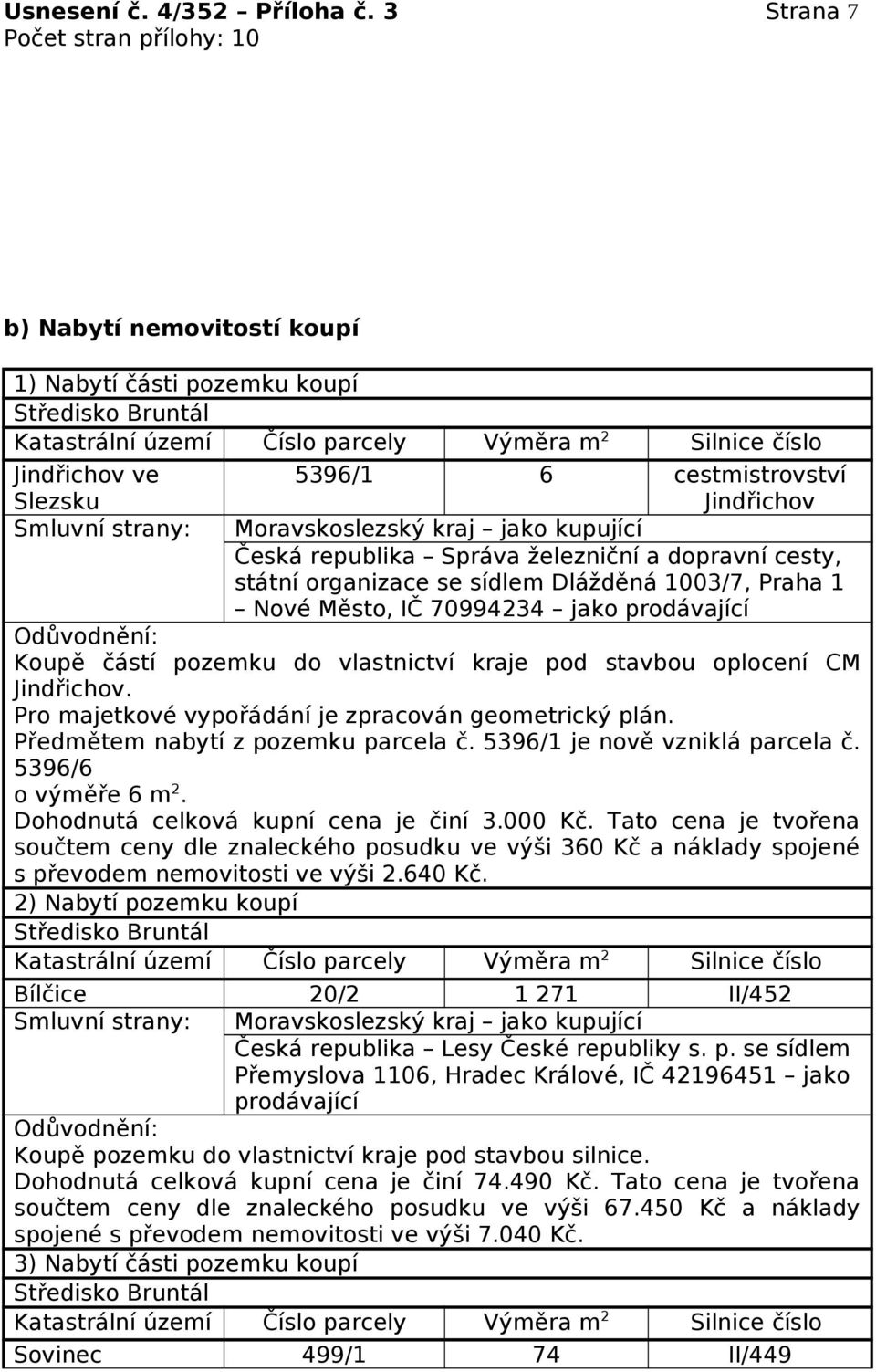 dopravní cesty, státní organizace se sídlem Dlážděná 1003/7, Praha 1 Nové Město, IČ 70994234 jako prodávající Koupě částí pozemku do vlastnictví kraje pod stavbou oplocení CM Jindřichov.