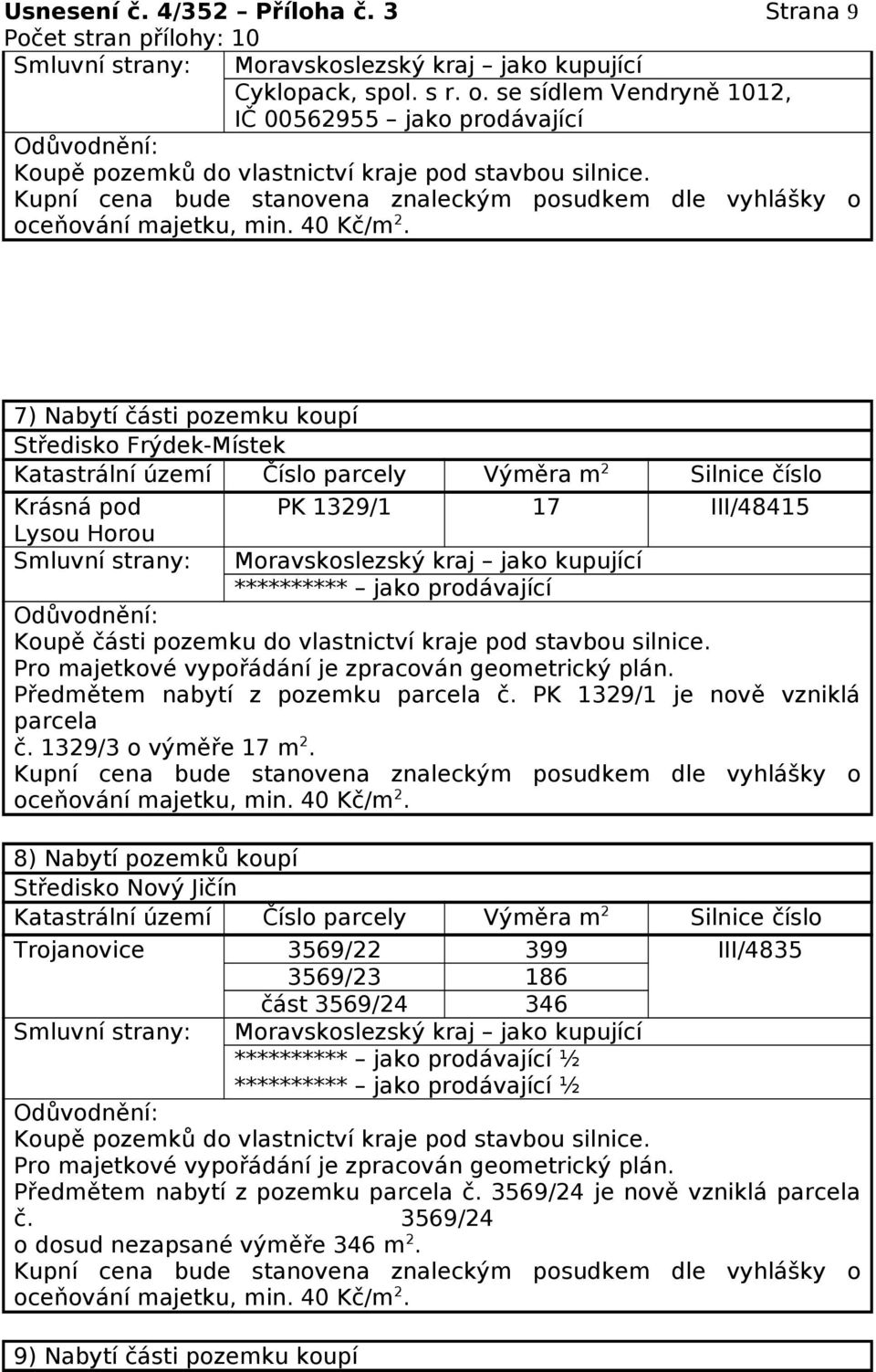 7) Nabytí části pozemku koupí Středisko Frýdek-Místek Krásná pod PK 1329/1 17 III/48415 Lysou Horou Moravskoslezský kraj jako kupující ********** jako prodávající Koupě části pozemku do vlastnictví