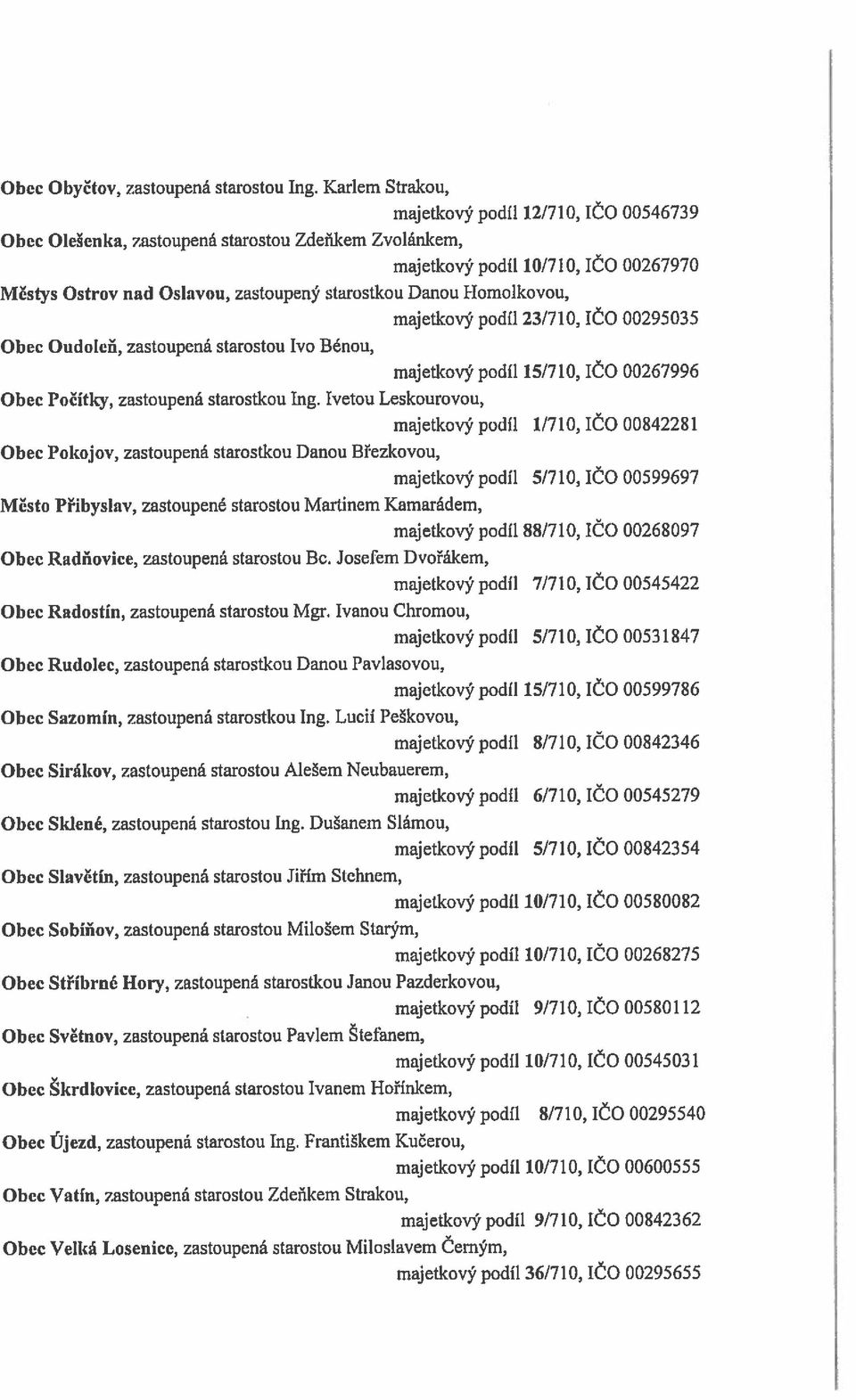 I-Iomolkovou, majetkový podíl 23/710, Ičo 00295035 Obec Oudolcň, zastoupená starostou Ivo Bénou, majetkový podíl 15/710, IČO 00267996 Obec Počítky, zastoupená starostkou Ing.