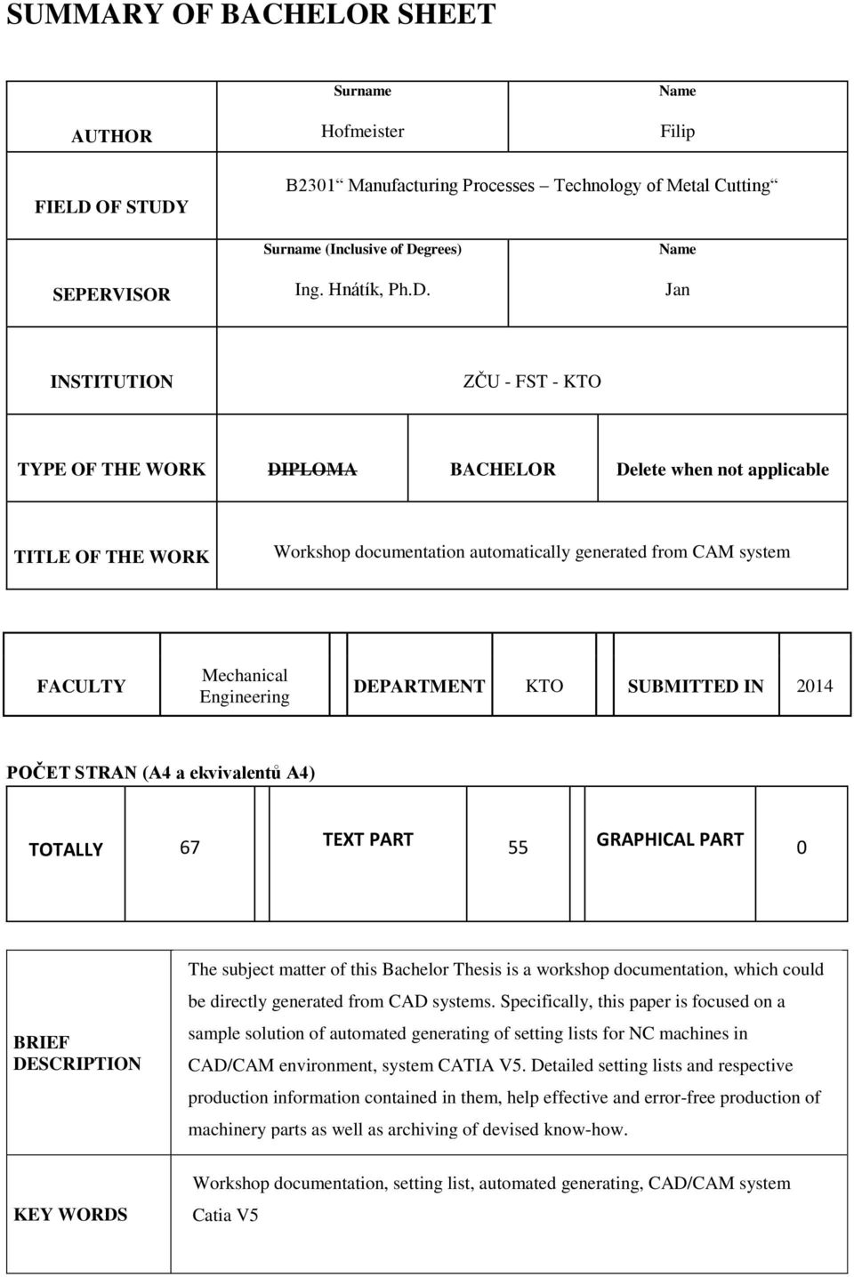 B2301 Manufacturing Processes Technology of Metal Cutting SEPERVISOR Surname (Inclusive of De