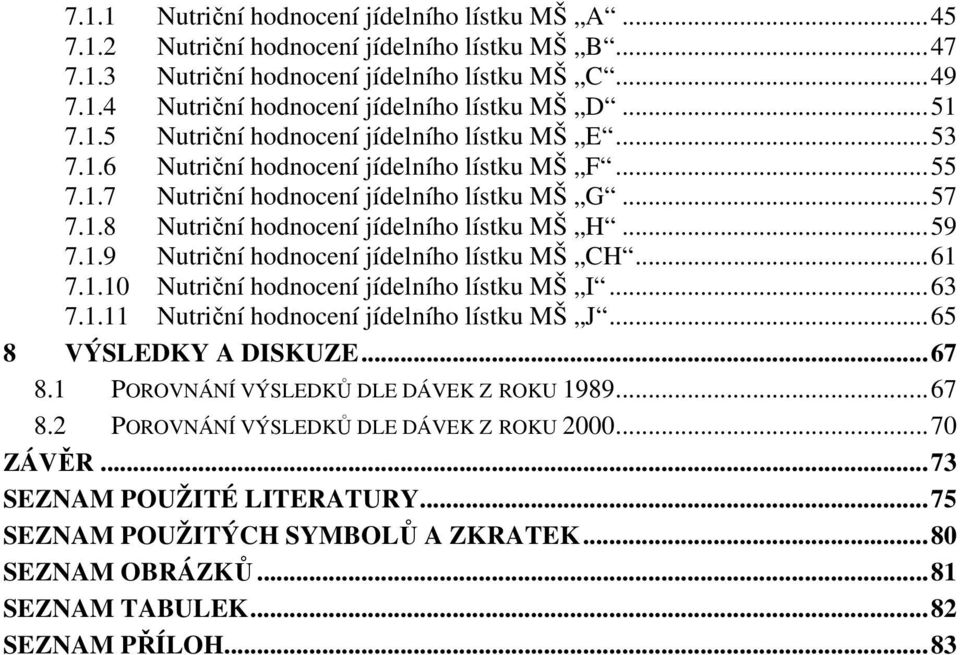 .. 59 7.1.9 Nutriční hodnocení jídelního lístku MŠ CH... 61 7.1.10 Nutriční hodnocení jídelního lístku MŠ I... 63 7.1.11 Nutriční hodnocení jídelního lístku MŠ J... 65 8 VÝSLEDKY A DISKUZE... 67 8.