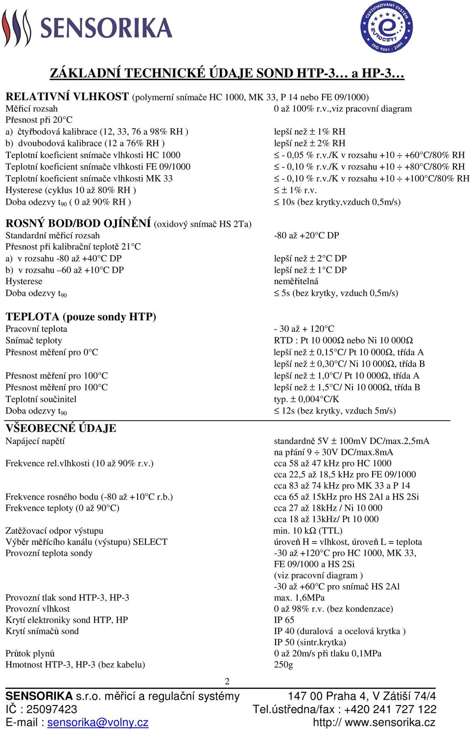 HC 1000-0,05 % r.v./k v rozsahu +10 +60 C/80% RH Teplotní koeficient snímače vlhkosti FE 09/1000-0,10 % r.v./k v rozsahu +10 +80 C/80% RH Teplotní koeficient snímače vlhkosti MK 33-0,10 % r.v./k v rozsahu +10 +100 C/80% RH Hysterese (cyklus 10 až 80% RH ) ± 1% r.