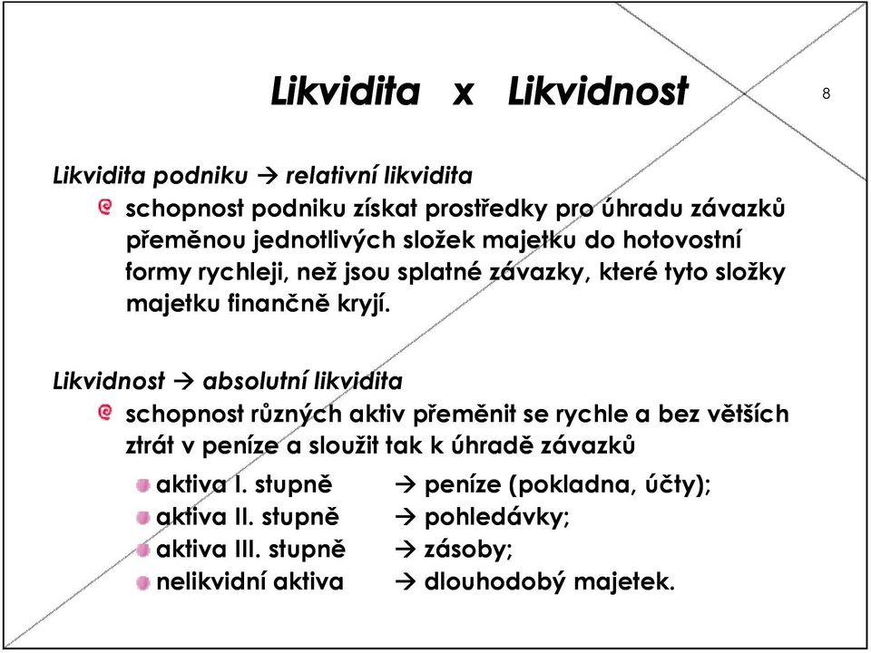 Likvidnost absolutní likvidita schopnost různých aktiv přeměnit se rychle a bez větších ztrát v peníze a sloužit tak k