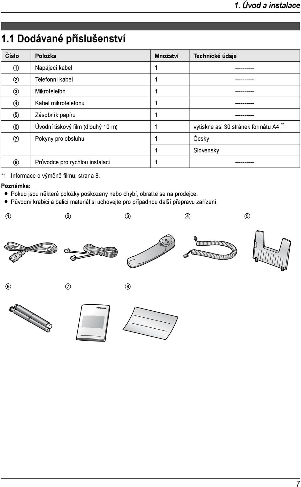 1 Dodávané příslušenství Číslo Položka Množství Technické údaje 1 Napájecí kabel 1 ---------- 2 Telefonní kabel 1 ---------- 3 Mikrotelefon 1 ---------- 4 Kabel