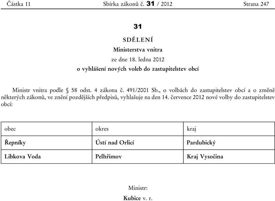 , o volbách do zastupitelstev obcí a o změně některých zákonů, ve znění pozdějších předpisů, vyhlašuje na den 14.