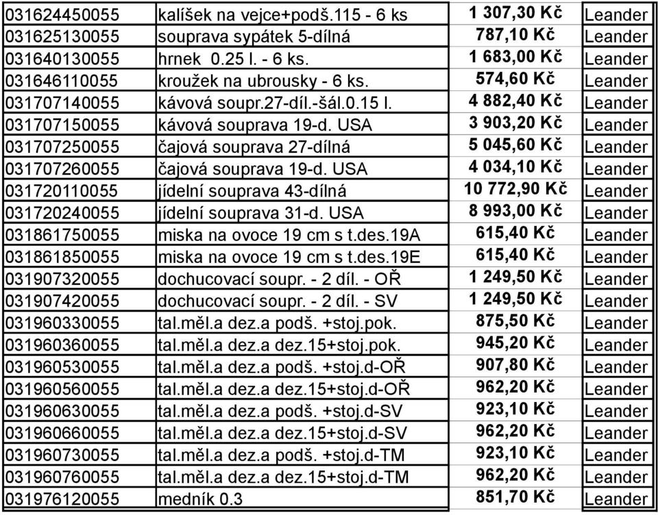 USA 3 903,20 Kč Leander 031707250055 čajová souprava 27-dílná 5 045,60 Kč Leander 031707260055 čajová souprava 19-d.